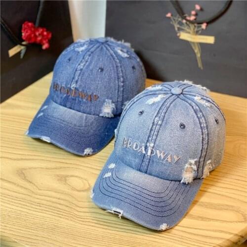 Washed Denim Hole Baseball Cap 2021 Wild Embroidery Letters New Caps Mens Outdoor Sports Fishing Hats