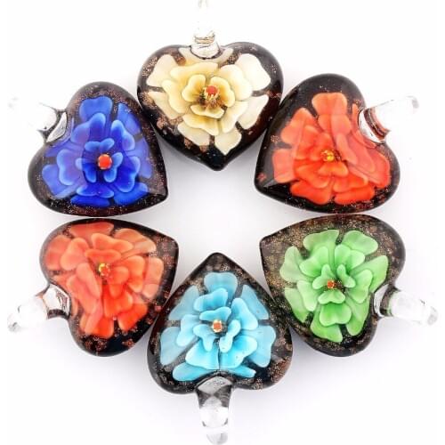 QianBei Wholesale 6pcs Mix Color Heart Peach Flower Pendant Fit Necklace Handmade Murano Lampwork Glass Women