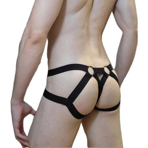 Sexy Men Bondage Underwear Jockstrap Mesh G String Elastic Hollow Lingerie Thong T-back Penis Pouch Underpants Metal Ring Thongs