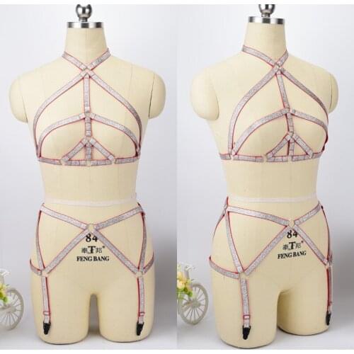 Body harness Crop Top Harness Bra+Garter Belt set Bondage Body Harness Fetish Wear Gothic Body Cage Gothic Rave Leg garter belt