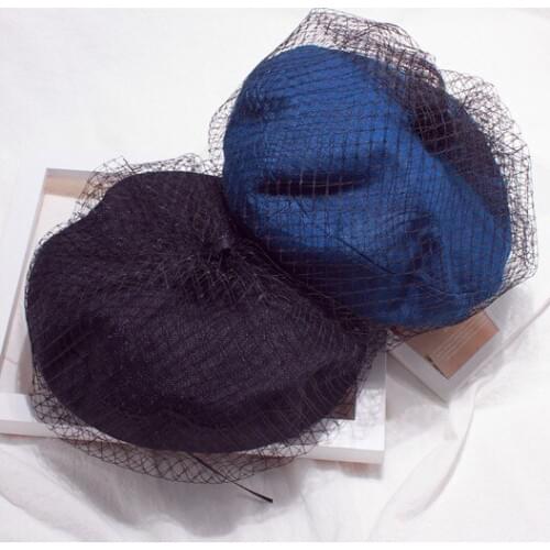 Womens Autumn And Winter Retro Denim Blue Versatile Black Simple Lace Mesh Sweet Net Red D Caps