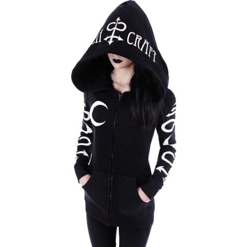 Women Hoodies Gothic Punk Moon Letter Print Sweatshirts Spring Autumn Long Sleeve Black Jacket Zipper Coat Casual Hoody 2XL
