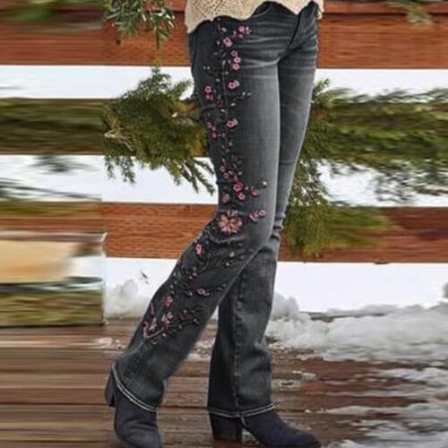 Ladies Jeans Embroidered Floral Skinny Trousers Vintage Zipper Open-front Jean Casual Plus Size Straight-leg Pants For Women