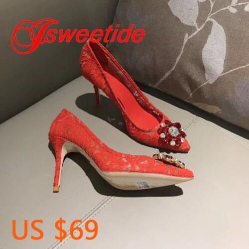 New fashion High end Brand Lace Pointed toes sexy perfect shallow mouth high-heeled Genuine Leather shoes woman Single shoes