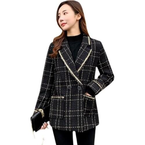 Spring Autumn Black Plaid Blazer Women clothes Splicing Fashion Single-Breasted Jacket Ladies Slim Wool Blends Coat Tide G955