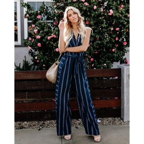 New style striped jumpsuit sexy backless V-neck halter jumpsuit flared pants women