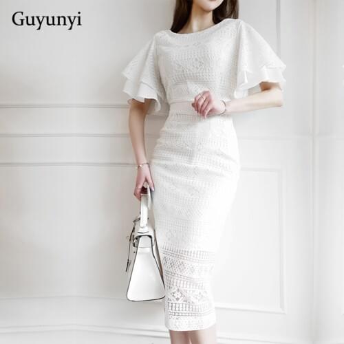 Summer Elegant Party Dress 2021 White Small Sexy Lace Dress High Waist Butterfly Sleeve Mid-Calf Length Women Office Lady Dress