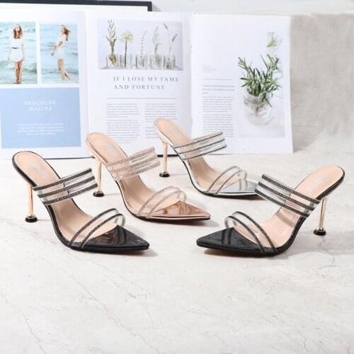 2021 summer sandals sexy pointed toe with sandals and slippers fairy style open-toed rhinestone stiletto banquet slippers 36-41