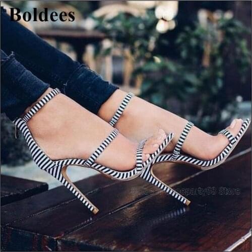 Mixed Color Black White Straps Narrow Belt Designer Open Toe Stiletto Sandals Summer Sexy Thin High Heel Sandals Party Shoes