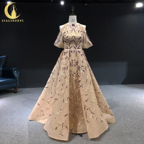 Rhine real Pictures Sexy Luxurious Champagne Beads with Purple Beas A-line arabic evening dresses long