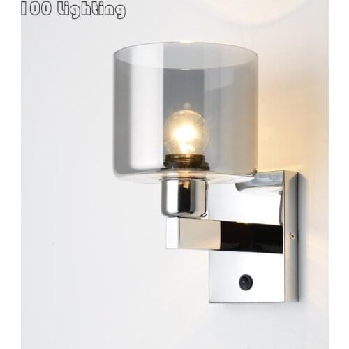 Chrome Metal Gray Glass Wall Lights Hotel Aisle Bedroom Wall Sconce E27 With Switch Home Lighting Fixtures Silver Loft Deco