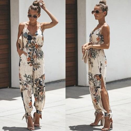 Women Sleeveless Floral Print Jumpsuits Casual Summer Strap Romper Sexy V Neck Overalls Trousers Beach Playsuit Loose Pants