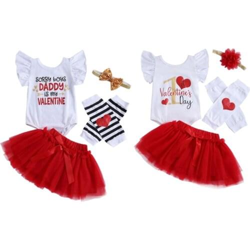 FOCUSNORM Valentines Day Baby Girls Clothes Sets Letter Print Ruffles Short Sleeve Romper Lace Tutu Skirts Headband Leg Warm