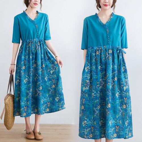 Korean Plus Size Womens Clothing 2021 New Summer Dress Casual Long V-Neck Floral Cotton And Linen Dress Female Vestidos zh756