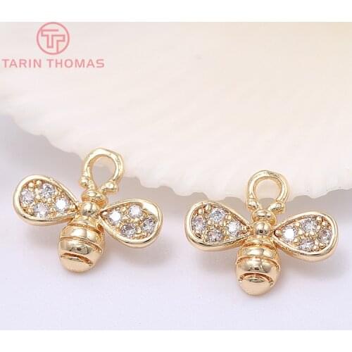 6PCS 8x10MM Hole 2MM 24K Gold Color Brass with Zircon Bee Charm Pendants for DIY Jewelry Making Findings Accessories