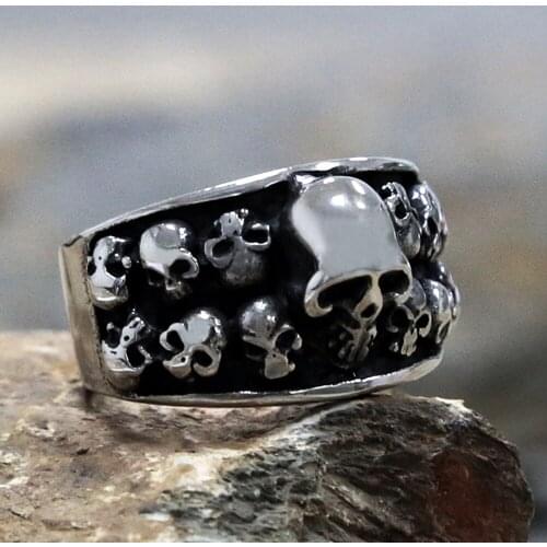 Gothic Punk Double Row Skull Ring Mens Stainless Steel Skull Biker Rings Unique Heavy Metal Hip Hop Jewelry