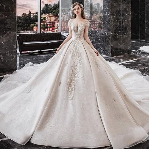 GY 2021 New Arrivals Short Sleeve Lace Up Back Shiny Beaded Crystal Gorgeous Ball Gown Wedding Dresses With Chapel Train