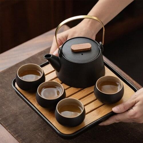 Portable Japanese-style Black Pottery Handle Pot Tea Set One Pot Four Cups with Tea Tray Office and Household Kung Fu Tea Set