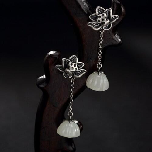 New Fashion silver S925 pure silver retro natural and Hetian jade white lotus lotus flower high-end lady earrings earrings