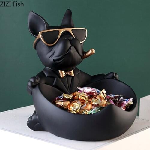 French Fighting Dog Storage Box Desktop Decoration Abstract Sunglasses Dog Animal Statue Figurines Resin Crafts Home Decoration