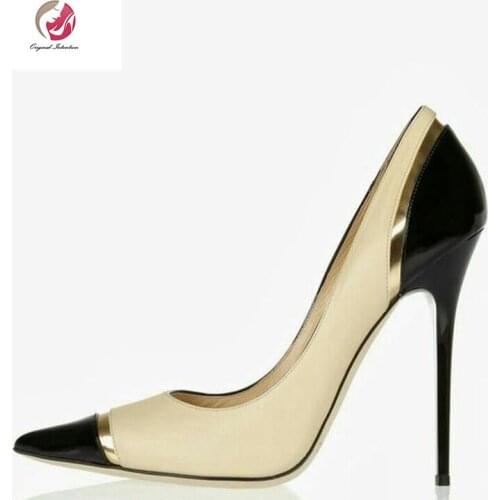 Original Intention Patchwork Beige Pointed Toe Stilettos Pumps Woman High Thin Heels Slip On Large Size Ladies Office Shoes