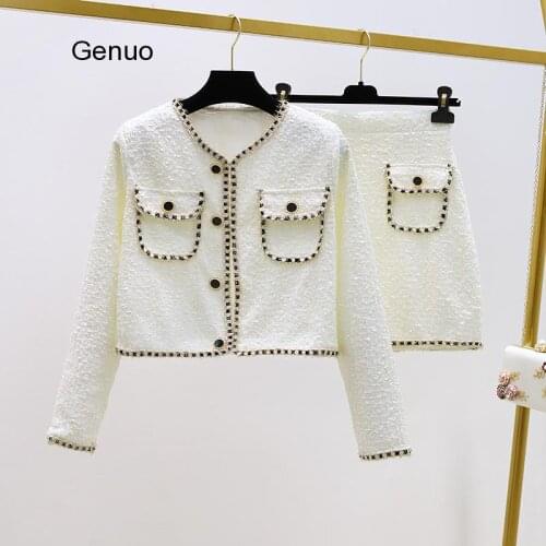 High Quality Autumn Korean Sweet Female Elegant Woolen 2 Piece Set Women Crop Top Jacket Coat & Mini Skirt Set Two Piece Outfits