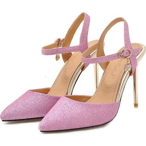 Women Sandals High Heels 2020 Pointed Toe Stiletto Heel Ladies Sandals Bling Bling Glitter Party Dress Wedding Shoes Bridal Pink