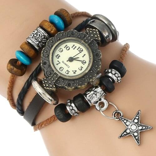 Gnova platinum Ethnic Style Genuine Leather Bracelet Women Watch Star Charm Wooden Beads Vintage Fashion Quartz Wristwatch A751