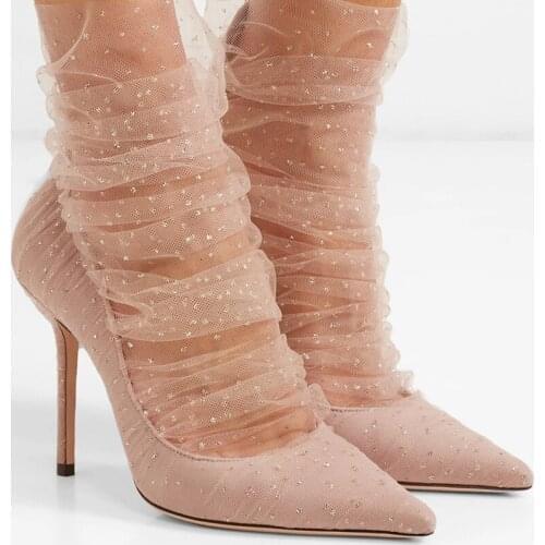 Spring Pointed Toe Mesh Pumps Women Lace Bordered Glitter Zip High Heels Shoes Women Fashion Wedding Zapatos De Mujer