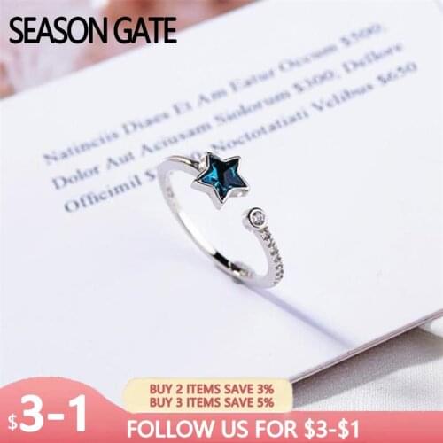 Season Gate 925 Sterling Silver Personality Fashion Deep Blue Star Adjustable Size Open Ring for Women Girls SR061