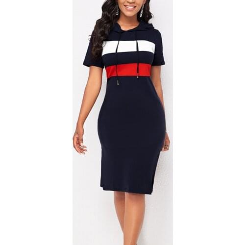MISSJOY Women Dress Casual Short Sleeve Round neck Hoodie Dress Striped Pullover Sport Tunic Drawstring Split Fork Midi Dress