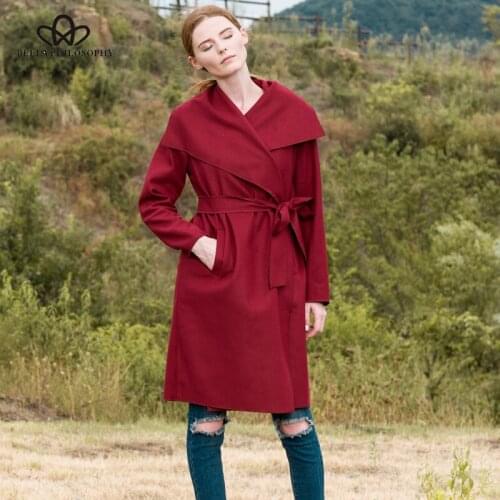 Bella Philosophy 2020 autumn winter new big turn down collar belted sashes long sleeve wool casual coat