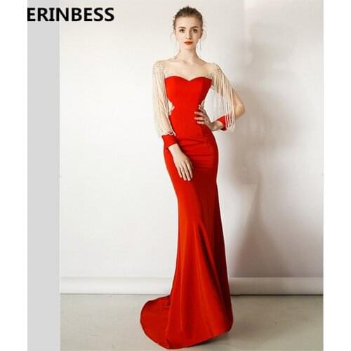 Vestido De Festa Scoop Neck Mermaid Evening Dresses Long Dress 2020 Fashion Robe De Soiree Beading Long Sleeve Red Evening Dress