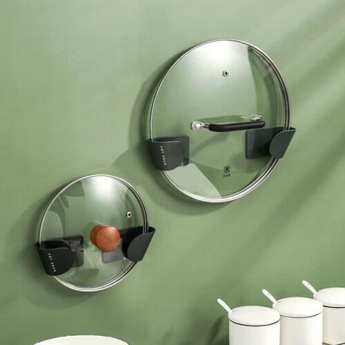 1 Pair Pot Lid Holder Self Adhesive Punch-Free Pan Cover Storage Rack Holder Wall Mounted Kitchen Cooking Utensil Tool Organizer