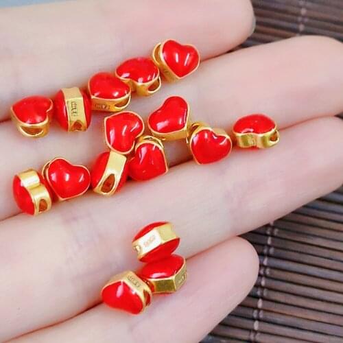 1pcs Pure 999 24K Yellow Gold Bead DIY Bracelet Ring Necklace 3D Red Small Heart Pendant
