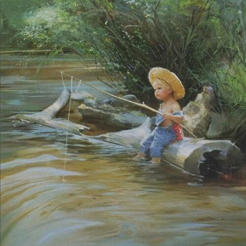 Full Round Drill 5D DIY Diamond Painting Fishing Boy Kid Tree Landscape Diamond Embroidery Cross Stitch Home Decor Gifts