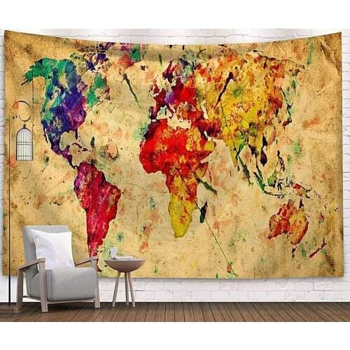 Colorful World Map Yellow Tapestry Vintage Exotic Summer Plant Nature Frame for Bedroom Photography Wall Decor