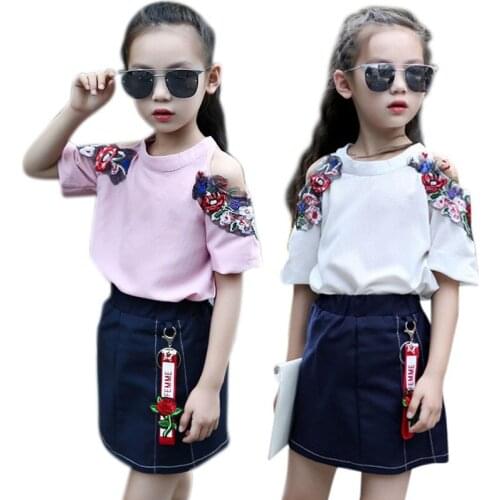 Kids Baby Girls Summer Floral Embroidery Off-shoulder Short Sleeve T-shirt +Mini Skirts Suits 2Pcs Costume Set f