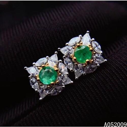 KJJEAXCMY 925 sterling silver inlaid natural emerald earrings new lovely ladies ear stud support test