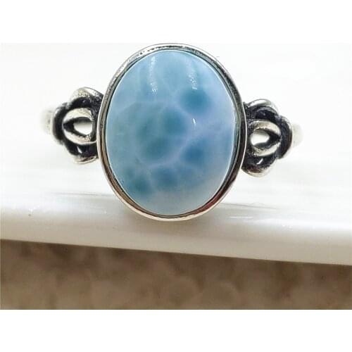 Natural Larimar Blue Dominia Oval Adjustable Ring 12x10mm Water Pattern 925 Sterling Silver AAAAAA