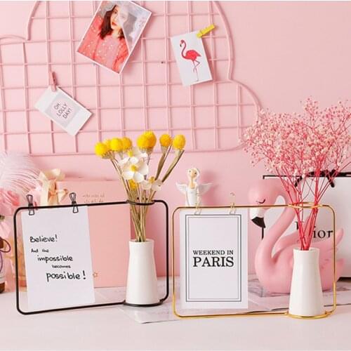 Creative Nordic Metal Photo Frame Ceramic Vase Table Simple Personality Living Room Desktop Picture Decorative Frame Vase Holder