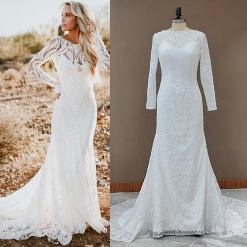 Lace Bateau Long Sleeves Boho Wedding Dress Backless Plus Size Custom Made Rustic Photoshoot 2021 Mermaid Bridal Gown 4053