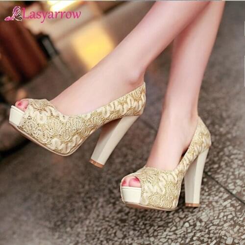 Lasyarrow Womens Shoes Thick High Heels Bling Gladiator Shoes Woman Sexy Peep Toe Wedding Shoes White Gold Elegnat Pumps RM037