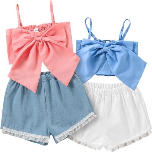 Citgeett Summer Kids Girls Set Fashion Solid Color Bow Suspender Tops and Short Pants Clothes Set