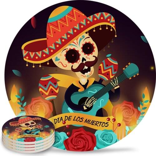 Mexican Skull Candle Round Coaster Coffee Table Mats Kitchen Accessories Absorbent Ceramic Coasters
