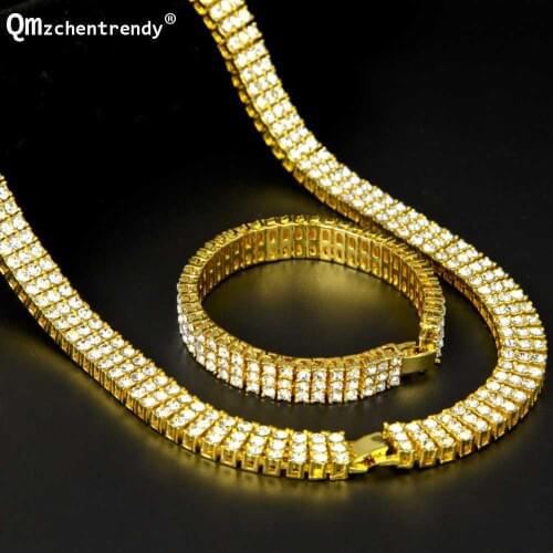 Men Hip Hop Rock Bling 3 Three Rows Rhinestone Pharaoh Jewelry Set Miami Cuban Chain Tennis Necklace Bracelet Set
