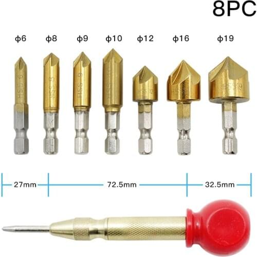 6/8Pcs 6mm-19mm Woodworking Chamfer Countersink Drill Bit Set Titanium Plating Wood Plug Cutter Automatic Center Pin Punch