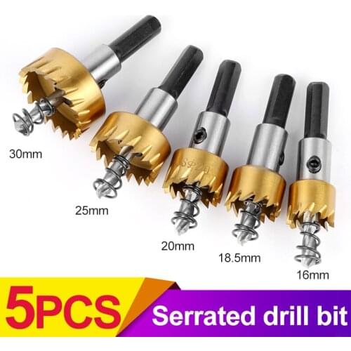HOEN 5x 16/18.5/20/25/30 mm HSS Titanium Hole Saw Drill Bit Saw Set for Installing Locks Metal Wood Drilling Hole Cut Hand Tool