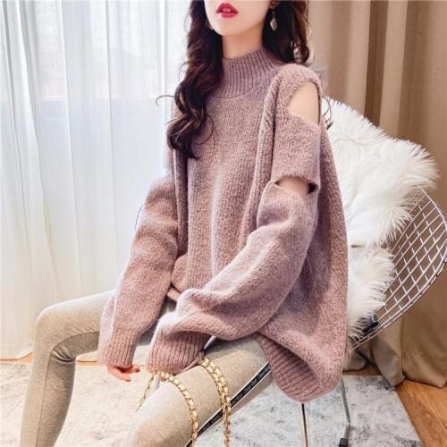 Autumn And Winter New Half Turtleneck Sweater Womens Hedging Loose Loose Lazy Wind Off-the-shoulder Jacket To Wear