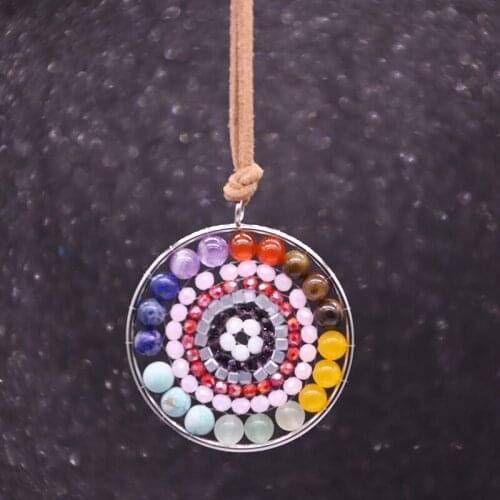 Mandala Flower Chakra Necklace with Natural Stone Stainless Steel Pendant Necklace Genuine Leather Chain Yoga Jewelry
